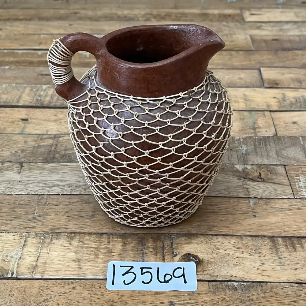 Terracotta Earthenware Pitcher Hand-looped Rattan Netting 6.25” Tall